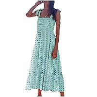 Funny Square Dots Beach Dresses Women Smocked High Waist Tie Shoulder A-Line Dress Summer Boho Ruffle Long Sundress