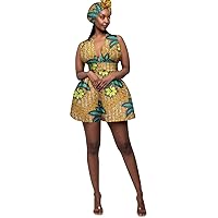 2022 African Dasiki Dresses for Women, Hot Fashion V-Neck, Sleeveless Short Wax Cotton Skirt with Casual Head Wrap
