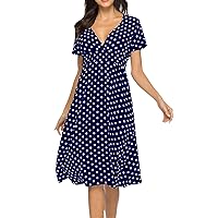 Women Summer Dress Beach Dresses for Women 2024 Vacation Floral Print Casual Pretty with Short Sleeve V Neck Summer Dresses Dark Blue Small