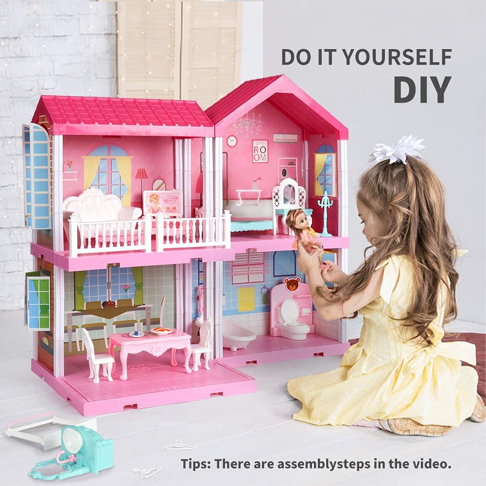 TEMI Dollhouse Dreamhouse Girls Pretend Toys - Doll Figure with Furniture, Accessories, Stairs, Pets and Dolls, DIY Cottage Pretend Play Doll House, for Toddlers, Boys & Girls(4 Rooms)