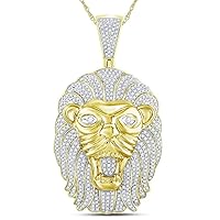 The Diamond Deal 10kt Yellow Gold Mens Round Diamond Lion Face Mane Charm Pendant 1-1/4 Cttw