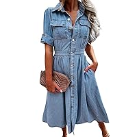 Women's Fall Wedding Guest Dress Casual Solid Color Long Sleeved Loose Fitting High Waisted Denim Dress