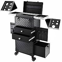 Professional Rolling Makeup Case, Pro Makeup Station with Hairdryer Holder, Makeup Train Case Hair Salon Trolley Suitcase Hair Stylist Beauty Travel Organizer Lockable Box with 3 Drawers