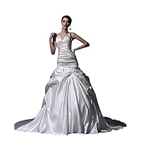 Ivory Satin V Neck A Line Wedding Dress With Ruching And Dropped Waist