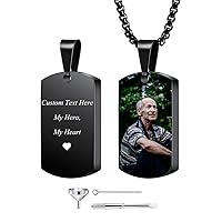 Personalized Cremation Urn Necklace for Ashes Engraved Photo/Text/Date Cremation Jewelry Custom Gifts for Men Women Memorial Gifts Stainless Steel Dog Tag Pendant with Funnel Kit