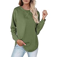 Spring Shirts for Women 2024 Long Sleeve Solid Colour T-Shirt Round Neck Loose Plunging Top Sweatshirts, S-2XL