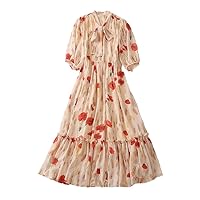 Designer Summer Dress Women Trendy Floral Print Midi Boho Vacation Dresses Bow Collar Chiffon Robe
