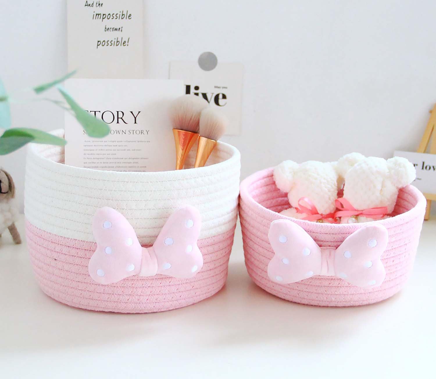 Kamuavni Decorative Storage Baskets Cartoon Woven Baskets for Home Decor and Organizing Small Shelf Baskets for Gilrs/Women Makeup Storage Basket -2 Pack,Pink