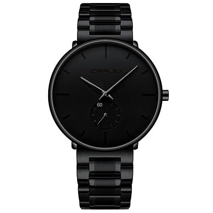 Mens Watches Ultra-Thin Minimalist Waterproof-Fashion Wrist Watch for Men Unisex Dress with Stainless Steel Band-Black Hands