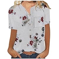 Women's Summer Tops Casual Fashion Cotton Linen Printed Short Sleeve Shirt Tops and Blouses