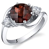PEORA Garnet 3-Stone Ring for Women 925 Sterling Silver, Natural Gemstone, 2.25 Carats Round Shape 8mm, Sizes 5 to 9