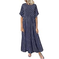 XJYIOEWT Summer Dresses for Women 2024 Maxi with Pockets, Short Casual O Neck Sleeve Dot Dress Size Plus Women Fashion