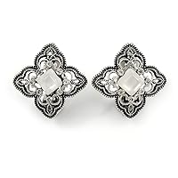 Marcasite Crystal Floral Clip On Earrings In Aged Silver Tone - 18mm