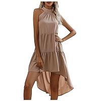 Women's Sleeveless Dress 2024 Summer Fashion Halter Neck Hi-Lo Hem Dress Solid Tiered Flowy Beach Casual Dress