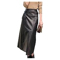 Women Spring Genuine Leather Midi Skirt Beige High Waist A-Line Maxi Sheepskin Skirt Front Slit Korean Style Dress