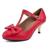 XYD Women Classic Pumps Bow Knot T-Strap Round Toe Mary Jane Kitten Low Heels with Buckle Office Pumps Casual Shoes