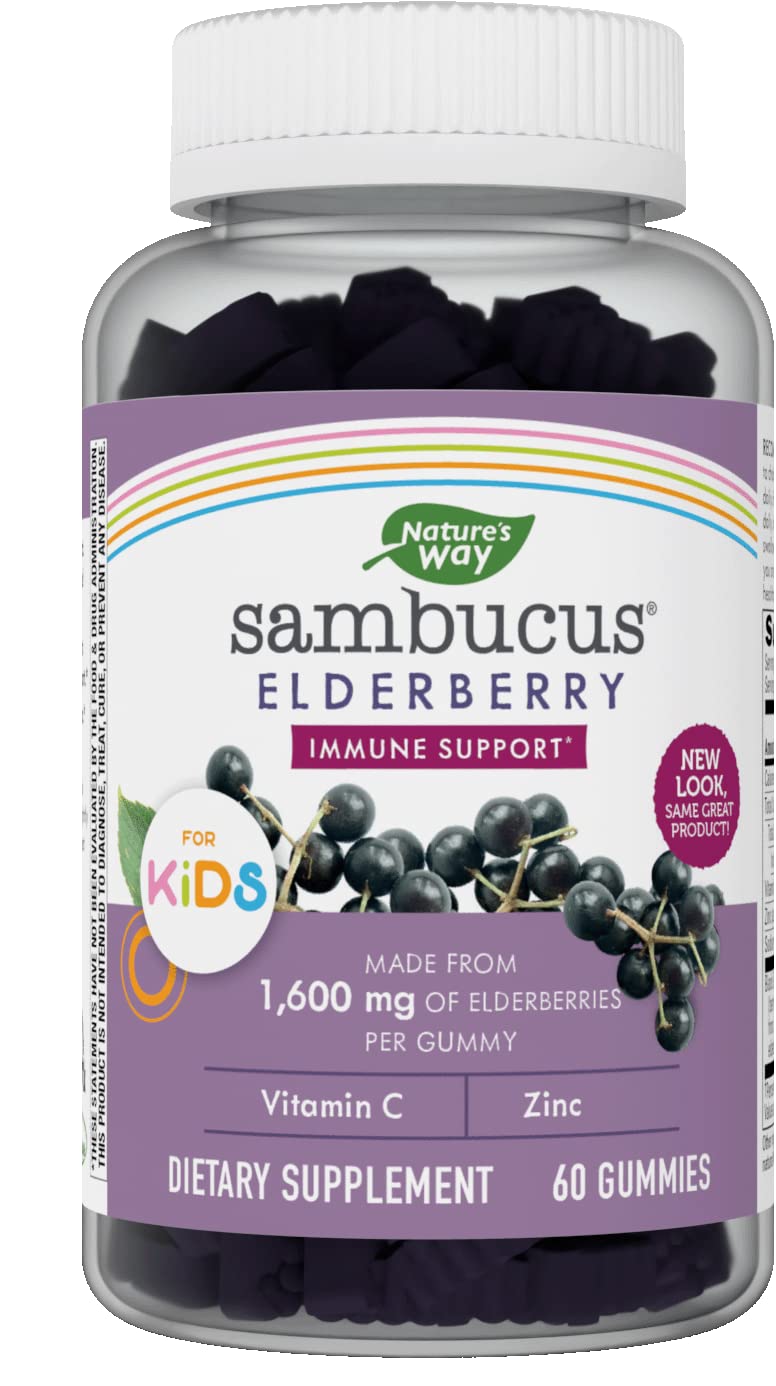 Nature's Way Sambucus Elderberry Gummies with Vitamin C and Zinc for Kids, Immune Support*, Berry Flavored, 60 Gummies
