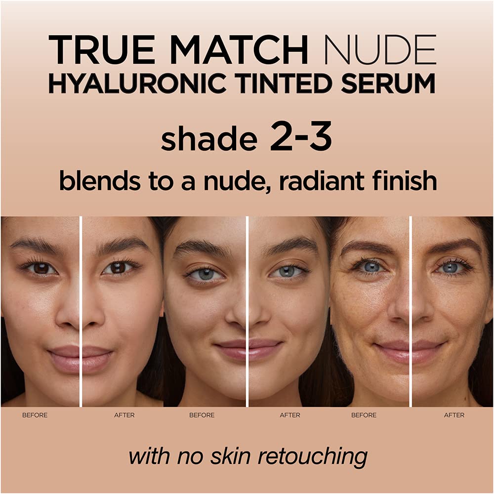 L’Oréal Paris True Match Nude Hyaluronic Tinted Serum Foundation with 1% Hyaluronic acid, Light 2-3, 1 fl. oz.