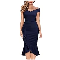 Women's 2023 Sexy Off The Shoulder V Neck Pleated Ruffle Hem Bodycon Midi Slit Party Club Cocktail Dress Formal Dress