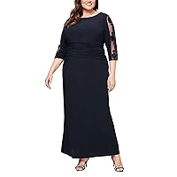 S.L. Fashions Women's Long Ruched Waist Dress Embroidered Sleeve (Reg Plus Petite)