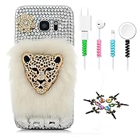 STENES Sparkle Case Compatible with Samsung Galaxy S22 Ultra Case - Stylish - 3D Handmade Bling Leopard Villus Flowers Design Cover Case with Cable Protector [4 Pack] - White