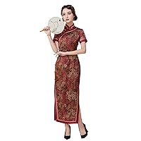 Cheongsam Dresses Silk Printed Oblique Placket Mock Neck Short Sleeve Wedding Party Qipao H3225M Red