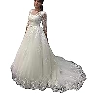 Melisa Women's 3/4 Sleeves Lace Applique Wedding Dresses for Bride with Train Elegant Beach Bridal Ball Gowns Long