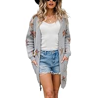 chouyatou Women's Star Print Long Sleeve Open Front Long Cardigan Sweaters with Pockets