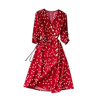Women's Casual Loose-Fitting Summer V-Neck Trendy Glamorous Dress Flowy Sleeveless Knee Length Print Beach Swing Red