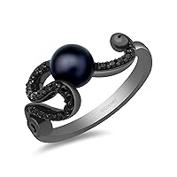 Jewelili Enchanted Disney Fine Jewelry Black Rhodium over Sterling Silver 6.5 MM Black Round Pearl and 1/5 Cttw Treated Black Round Diamond Ursula Ring