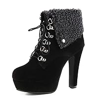 Warm Snow Boot for Women Cute Fold Over Fur Ankle Booties Chunky Block High Heels Lace Up Platform Winter Short Boots Black,US Size 4.5