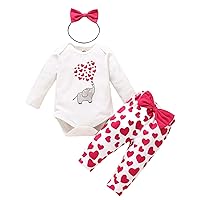 iiniim Infant Baby Girl Animal Print Valentine's Day Outfits Romper+Hearts Print Pants+Headband Set