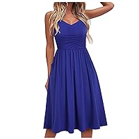 Women's Sleeveless Knee Length Solid Color Beach Flowy V-Neck Glamorous Dress Swing Casual Loose-Fitting Summer Blue