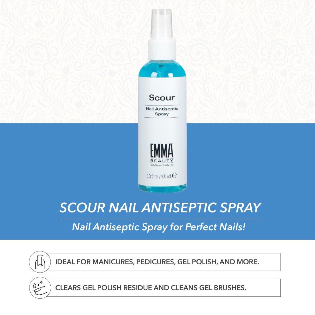 EMMA Beauty Scour Nail Antiseptic Spray, Nail Surface Cleanser and Cleaning Solution, 12+ Free Formula, 100% Vegan & Cruelty-Free, 3.3 oz.