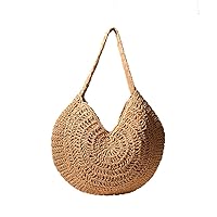 Women Straw Woven Tote Handmade Weaving Shoulder Bag Handbag Summer Beach Large Semicircle Hobo Bag