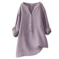 Women's 2024 Casual Linen Cotton Shirts Solid Button Down Gauze Summer Tops V Neck Long Sleeve Puff Sleeve Trendy