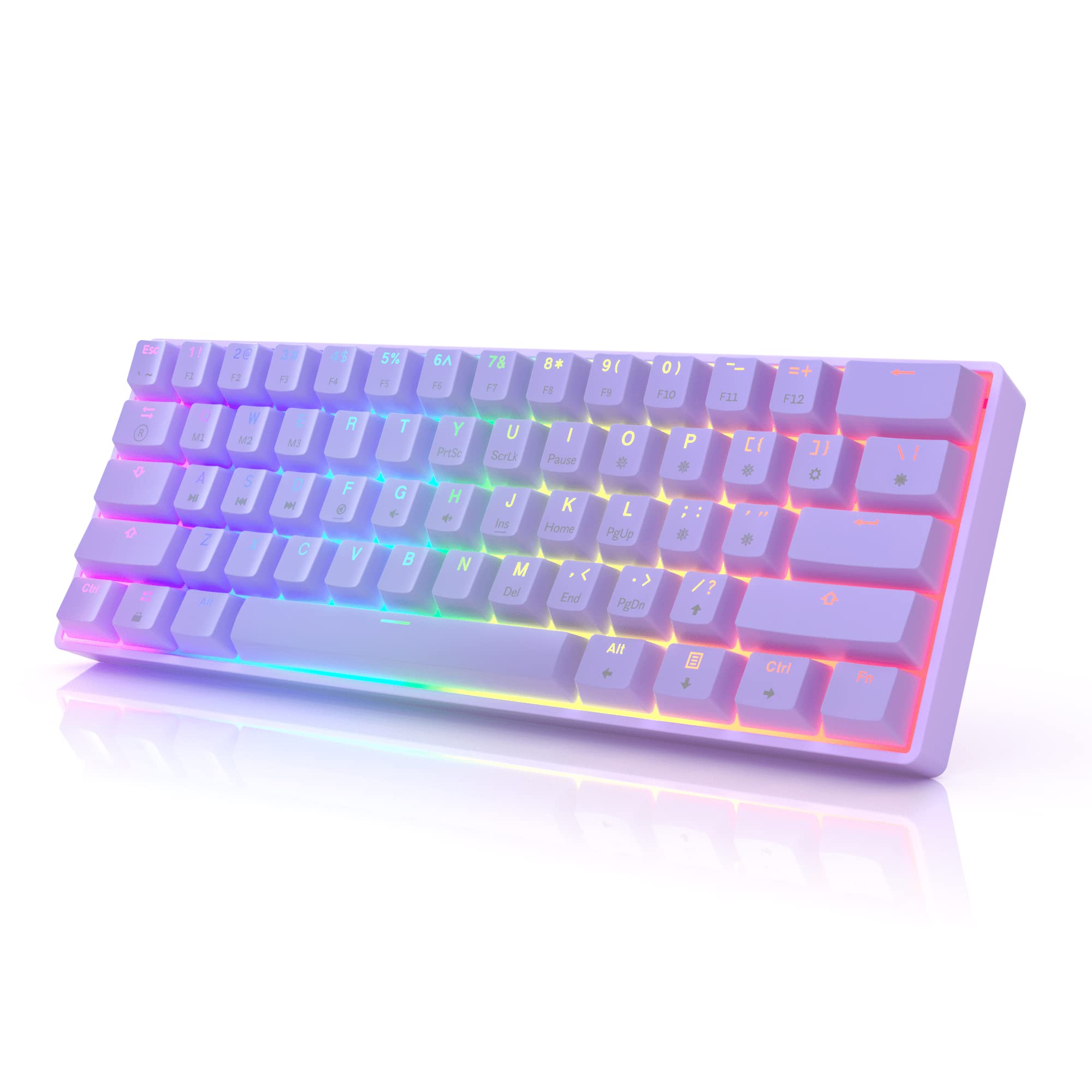 HK GAMING GK61 Mechanical Gaming Keyboard - 61 Keys Multi Color RGB Illuminated LED Backlit Wired Programmable for PC/Mac Gamer (Gateron Optical Silver, Lavender)