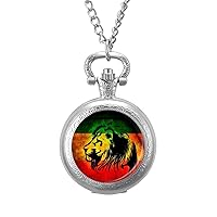 African Flag The Lion Of Judah Rasta Rastafari Jamaica Quartz Pocket Watch Vintage Necklace Watches With Chain For Men Women silver-style
