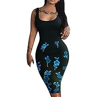 Sexy Tank Dress for Women Trendy Floral Print Scoop Neck Sleeveless Bodycon Dress Summer Beach Sundress Club Party Midi Dress