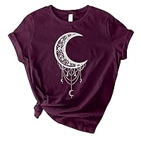 Womens Vintage Graphic T Shirts Crescent Dreamcatcher Moon Print Tee Short Sleeve Casual Summer Tops Red