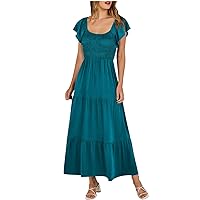 Maxi Dress for Women Summer Casual Short Sleeve Square Neck Smocked Dresses Elastic Waist Tiered A Line Long Dress