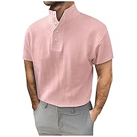Mens Summer Cotton Linen Tops Trendy Solid Color Stand Collar Short Sleeve Button Casual Golf Shirts for Men