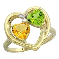 14K Yellow Gold Diamond Two-Stone Heart Ring 6mm Natural Citrine & Peridot, Sizes 5-10