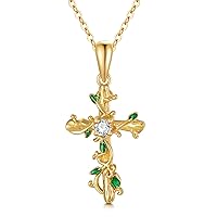MRENITE 14K Solid Gold Cross with Vine Necklace for Women Art Deco Design 16+2 Inches 14K Solid Gold Chain Birthday Anniversary Luxury Jewelry Gift for Her
