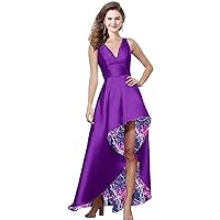 YINGJIABride Woman's V Neck Satin with Camo Mother of The Bride Dress Prom Dresses High Low