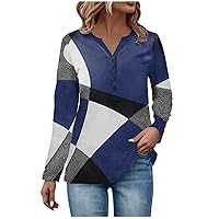 Women Color Block Top Casual V Neck Button Henley Shirt Oversized Long Sleeve Sweatshirt Vintage Bohemian Tees