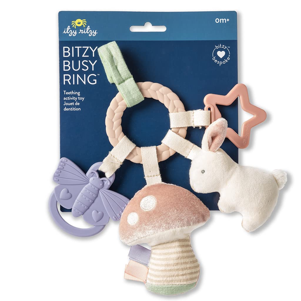 Itzy Ritzy Teething Activity Toy - Bitzy Busy Ring Features Braided Teething Ring and Dangling Toys; Includes Teether, Textured Ribbons, Crinkle Sound & Jingle Bell, Bunny