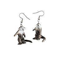 River Otter Porcelain Earrings Hand Painted Jewellery Lucky Spirit Animal, Surgical Steel Porcelain, Grey