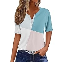 Womens Henley Shirts Summer Color Block Short Sleeve T-Shirt Dressy Casual V Neck Button Down Loose Fit Tunic Blouse