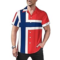 Flag of Norway Men's Casual Button-Down Shirts Short Sleeve Hawaiian Blouse Cuban Collar Tees Tops